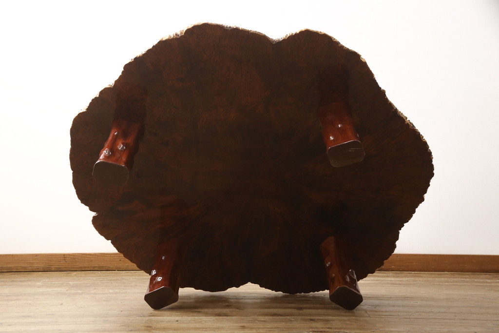 中古　大振り!　極厚天板　カリン材(花梨材)　貴重な鳥眼杢の木肌が魅力的な座卓(ローテーブル)(R-058576)
