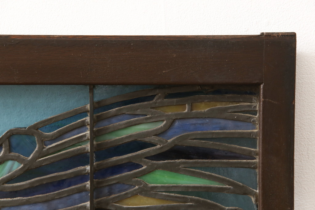 和製アンティーク　希少品!独特な意匠から貫録を感じさせるステンドグラス窓2枚セット(建具、引き戸、明り取り)(R-051223)