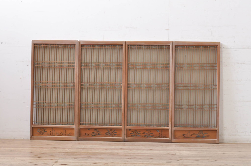 アンティーク建具　片面ガラス　上品な透かし彫り入りの書院戸4枚セット(引き戸、ガラス戸、窓)(R-068294)