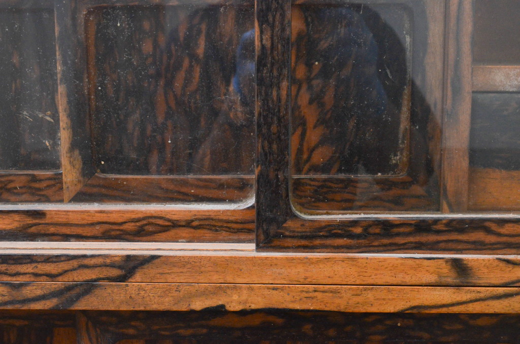 和製アンティーク　高級品　前面黒柿　孔雀(くじゃく)杢　美しい杢目が目を惹く二段重ねの茶箪笥(茶棚、収納棚、戸棚)(R-069536)