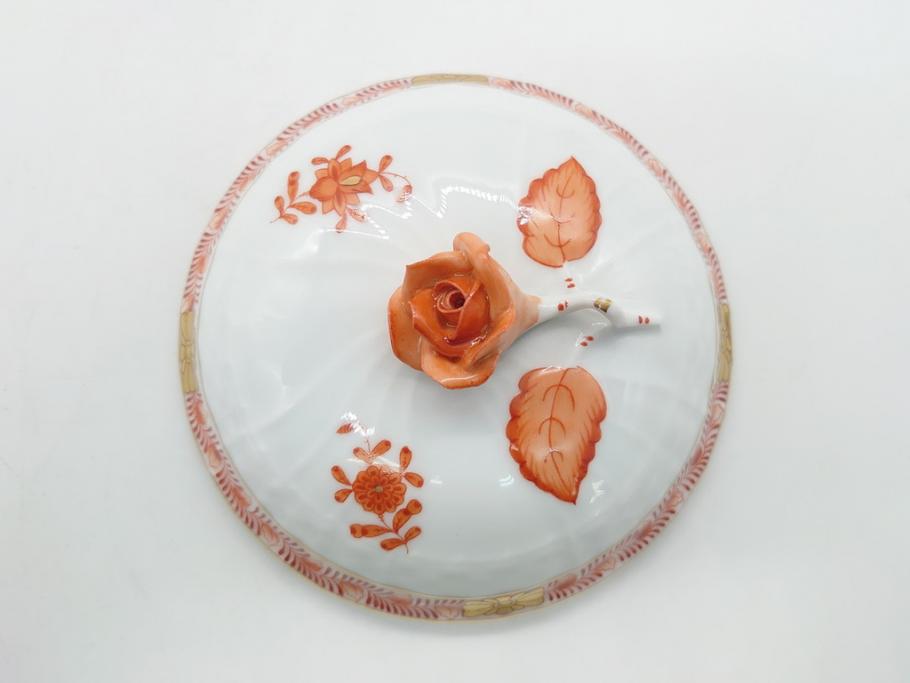 希少　ヘレンド　ハンガリー　HEREND HVNGARY　アポニー　オレンジ　テーブルウェアとしてもインテリアとしても使用できる愛らしいデザインのプレート&シュガーポットセット(HUNGARY、ボンボン入れ、蓋物、小物入れ、皿、バラ、薔薇、西洋陶磁器)(R-062286)