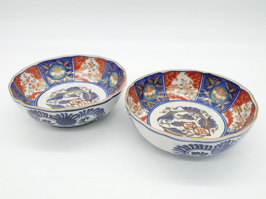 幕末〜明治期　富長貴春(富貴長春)　伊万里　色絵　金彩　5寸皿　約15cm　煌びやかで豪華な絵付けの深皿2客セット(和食器、和皿、変形皿、五寸)(R-062298)