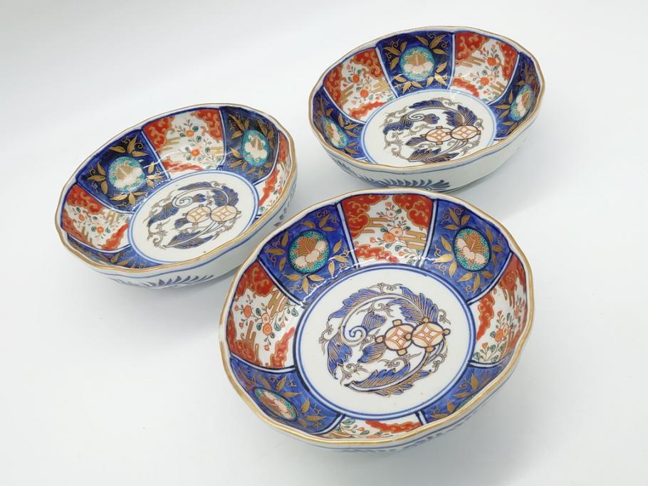 幕末〜明治期　富長貴春(富貴長春)　伊万里　色絵　金彩　5寸皿　約15cm　煌びやかで豪華な絵付けの深皿3客セット(和食器、和皿、変形皿、五寸)(R-062300)