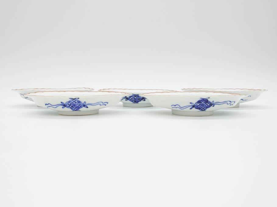 明治期　伊万里　約17cm　5.4寸　シンプルながら可愛らしい雰囲気溢れる変形皿5枚セット(和食器、和皿、花、五寸四分)(R-070487)
