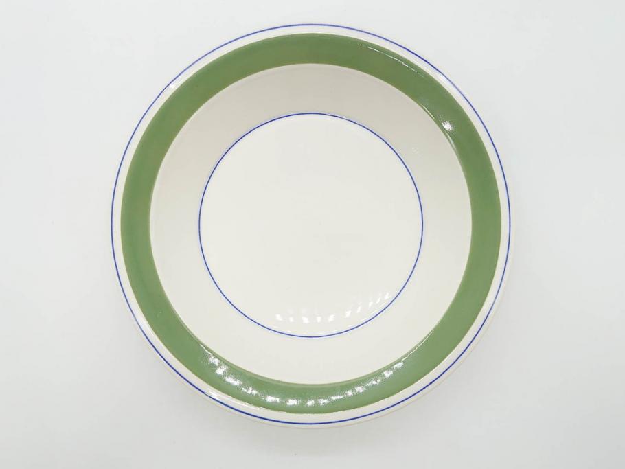 ARABIA FINLAND　Krokus(クロッカス)　シンプルなデザインで取り入れやすいスーププレート2枚&持ち手付きボウルセット(スープ皿、グラタン皿、グリーン・ブルーライン、アラビア、フィンランド、北欧食器)(R-070641)