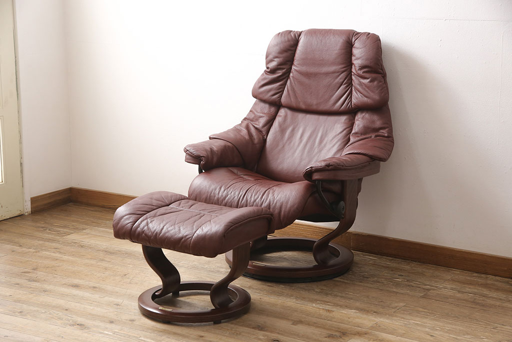 中古　EKORNES(エコーネス)　本革(レザー)　オットマン付き　ストレスレス レノ クラシック(M)(定価約37万9千円)(アームチェア、リクライニングチェア、椅子)(R-053467)