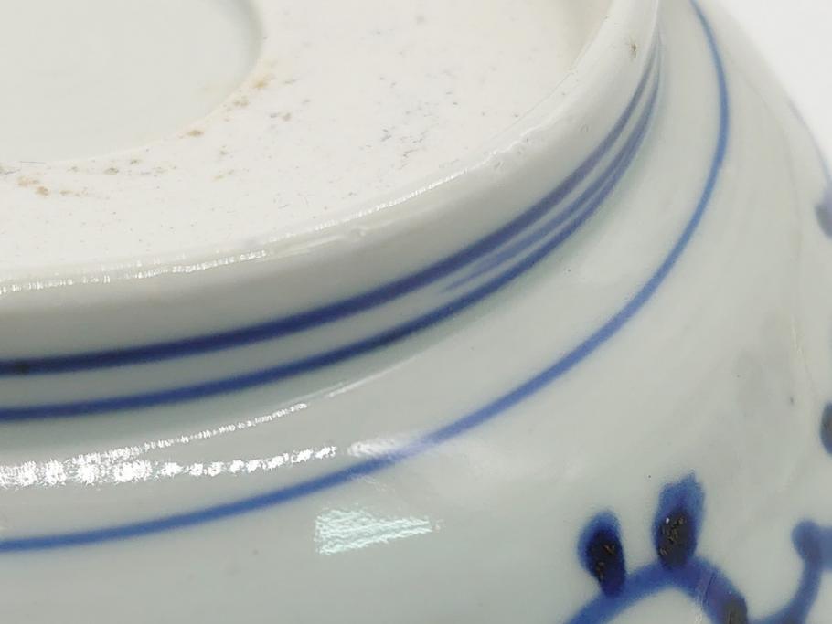 幕末期　伊万里焼　染付　線描き　花唐草文　5寸　約15.5cm　手描きの温かみが感じられる深皿3枚セット(中皿、変形皿、和食器、和皿、五寸)(R-062103)
