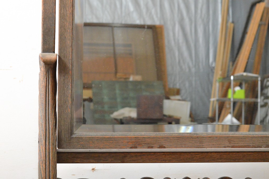 和製ビンテージ　神戸洋家具　凝った造りの彫刻入り姿見(鏡、ミラー、ヴィンテージ)(R-059097)