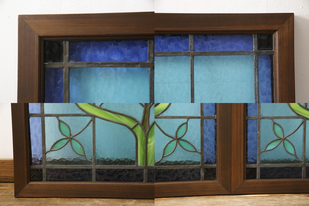 【セミオーダー家具実例】アンティークのステンドグラスに木枠を新規製作しました。2枚のステンドグラスそれぞれに木枠を作り、木枠のお色味は落ち着きのある茶系で仕上げました。(明り取り、窓)