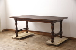 ビンテージ家具　松本民芸家具　洗練された佇まいが魅力の棚付きダイニングテーブル(食卓、2人掛け、ヴィンテージ)(R-051261)