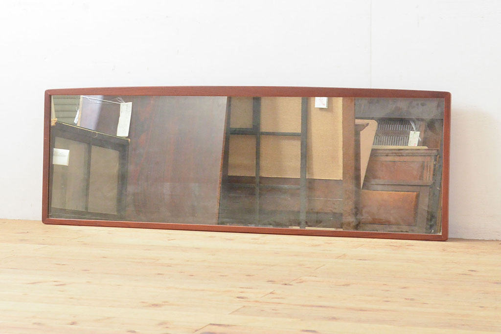 北欧ビンテージ リメイク チーク材製の横長ウォールミラー(壁掛け、鏡 ...