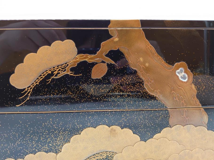平安　俊勝　大胆に描かれた老松の高蒔絵が美しい五段重箱&重台セット(二段重、三段重、共箱付き、漆器、お重)(R-069956)