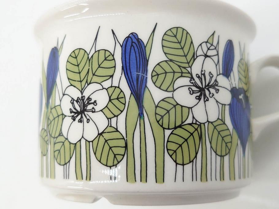 1978年～1979年　ARABIA FINLAND　Krokus(クロッカス)　大胆に描かれた花たちと青と緑の色合いが存在感を放つトリオセット(ヴィンテージ、ビンテージ、アラビア、フィンランド、北欧食器、カップ、ソーサー、C&S、プレート、皿、グリーン・ブルーライン)(R-071488)