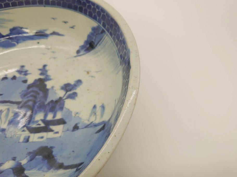 江戸後期　古伊万里　山水の図　約31cm　1尺　落ち着いた風景の染付に癒される大鉢(一尺、深皿、和食器)(R-071489)