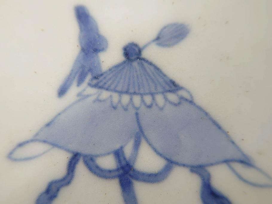 江戸期　古伊万里　染付　編笠文　約15cm　4.9寸　珍しい図柄と藍色の濃淡が印象的な八角皿3枚セット(編み笠、傘、カサ、かさ、変形皿、深皿、和皿、和食器、四寸九分)(R-071499)