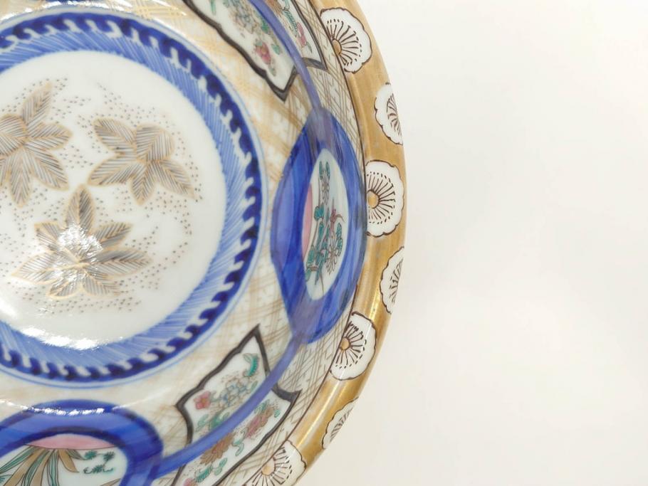 上手物　明治期　伊万里　金彩　染付　窓絵　約19cm　6.2寸　緻密に描かれた上品な絵柄が美しい深鉢(もみじ、紅葉、モミジ、草花、深皿、和皿、和食器、六寸二分)(R-071501)