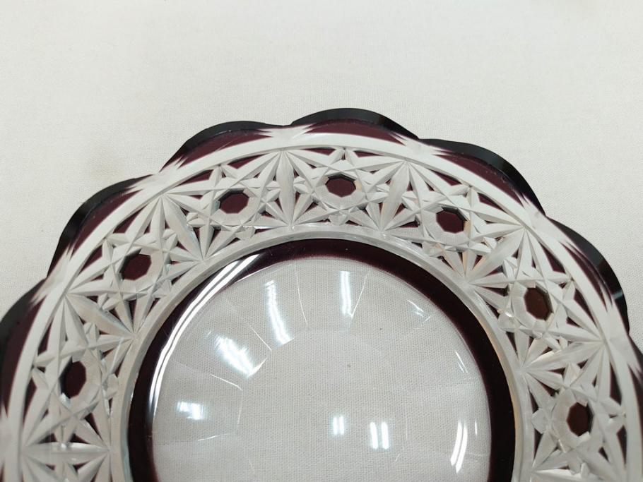 大正〜昭和初期　切子　細やかな意匠が施されたボウル&皿6枚セット(ガラス、硝子、深皿)(R-070736)