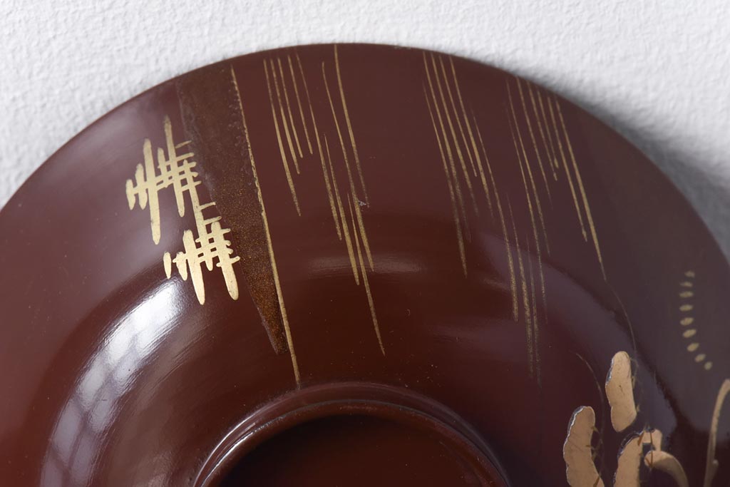 和製アンティーク　松の図　朱漆に金彩が映える蓋付き木製椀(漆器、和食器)4客セット