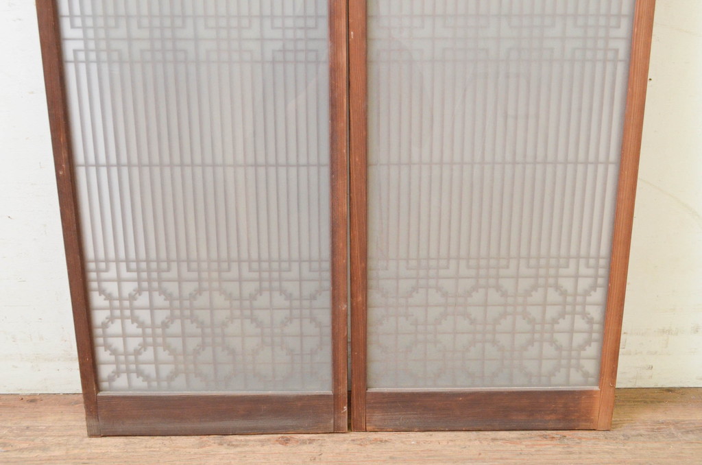 ビンテージ建具　片面ガラス　和モダンな空間を演出する組子入り書院戸2枚セット(引き戸、ガラス、ヴィンテージ)(R-068845)