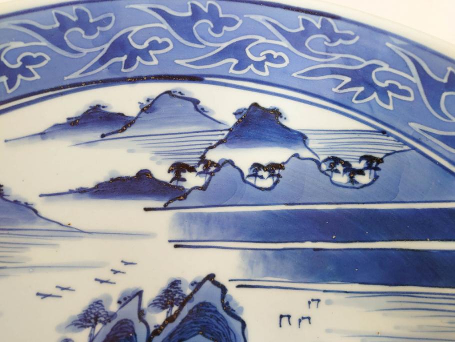 江戸期　古伊万里　染付　1尺5寸　約47cm　繊細に描かれた山水図が上質な和の雰囲気を高める大皿(和皿、和食器、一尺五寸)(R-071725)