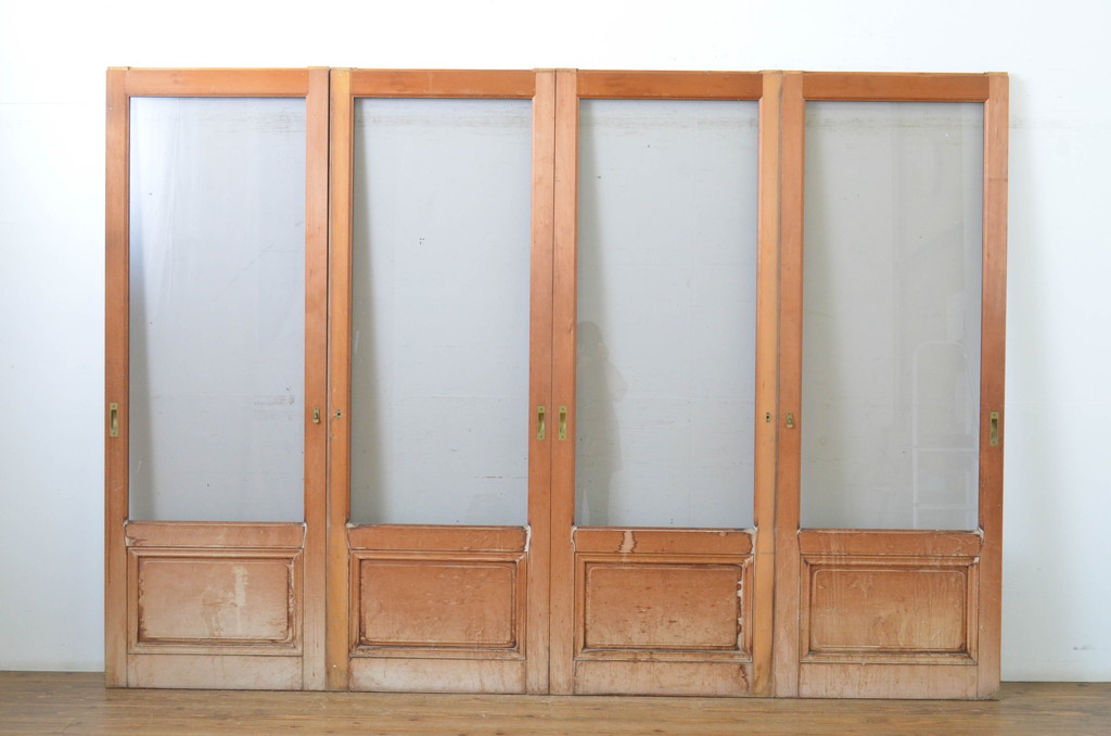 中古　大判スモークガラス入り　シンプルな数寄屋の幅狭ガラス戸4枚セット(引き戸)(R-064103)
