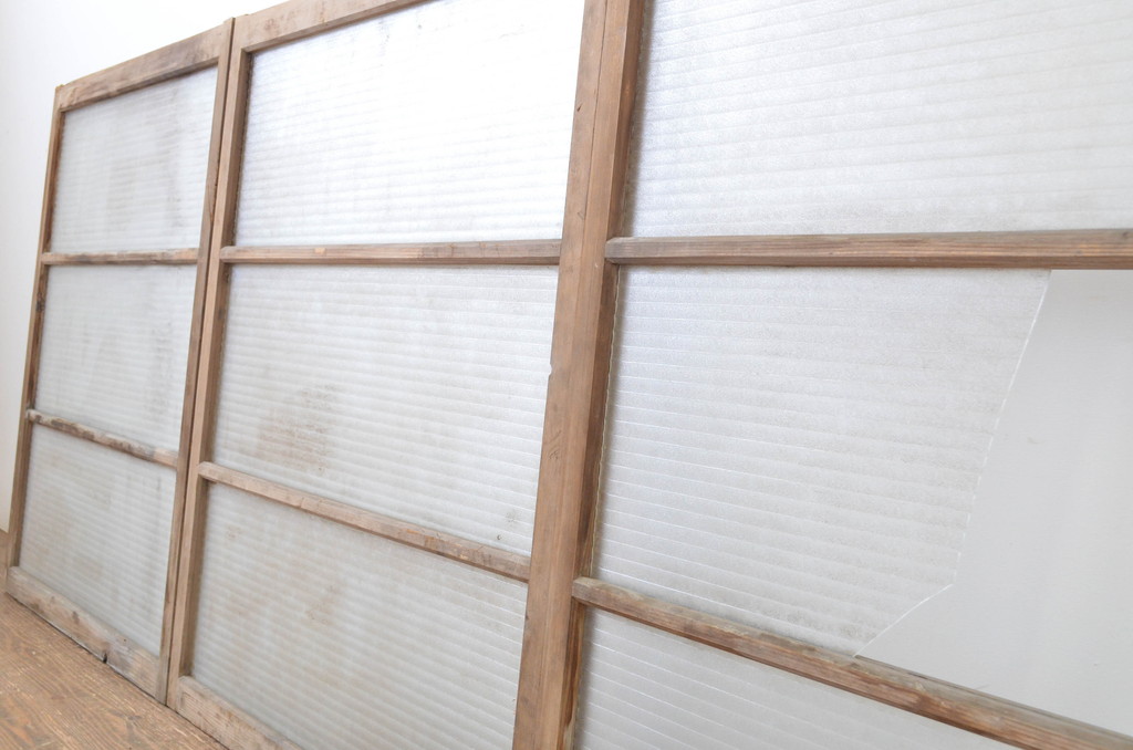 アンティーク建具　銀モールガラス入り!シンプルでどんなお部屋にも合わせやすいガラス窓3枚セット(ガラス戸、引き戸)(R-064318)
