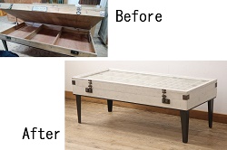 【セミオーダー家具実例】4脚格納スツール付きテーブルに高品質リペアを施しました。アンティークホワイトのカラーをベタ塗りしナチュラルな雰囲気に!!(ダイニングテーブル、作業台、椅子)