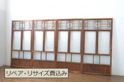 昭和レトロ　クリアガラスと銀モールガラス使用　檜材の木目が魅力的なガラス戸2枚セット(引き戸)