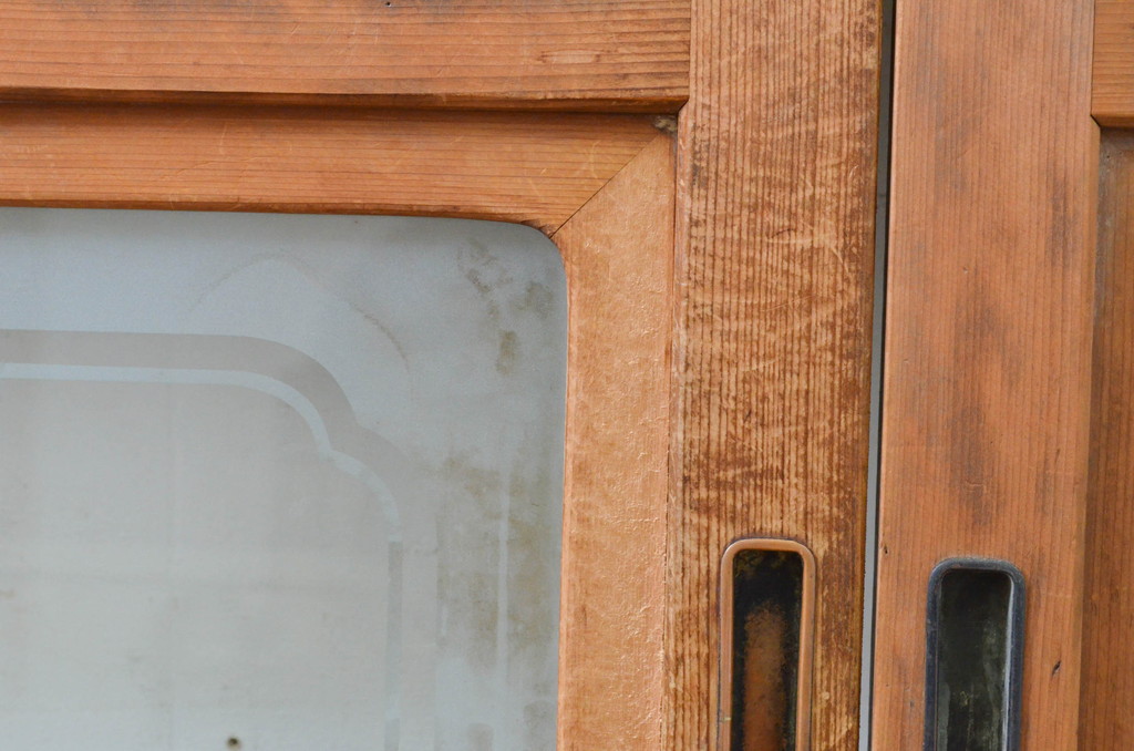 アンティーク建具　どこか懐かしい空気を醸し出す裏障子付き格子戸3枚セット(引き戸、障子戸、ガラス帯戸)(R-068715)
