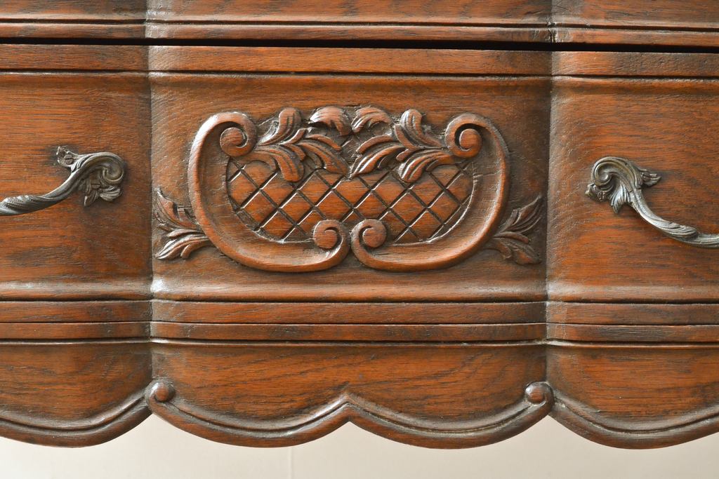 フランスアンティーク　オーク材　彫刻入り　クラシカルなデザインが美しいビューローブックケース(ライティングビューロー、本箱、飾り棚、ワークデスク、在宅ワーク、在宅用)(R-054512)
