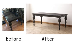 【婚礼家具リメイク実例】お客様持ち込みのテーブルを補修。当店の高品質リペアを基準にクリーニング。天板のひび割れ部分は状態に合わせて、パテ埋めをして着色にて色合わせをして仕上げました。(ダイニングテーブル、作業台、4人掛け、6人掛け)