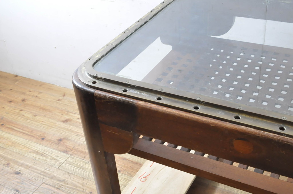オランダビンテージ　真鍮枠にガラス天板の存在感ある重厚なテーブル(作業台、ダイニングテーブル、ヴィンテージ)(R-064523)