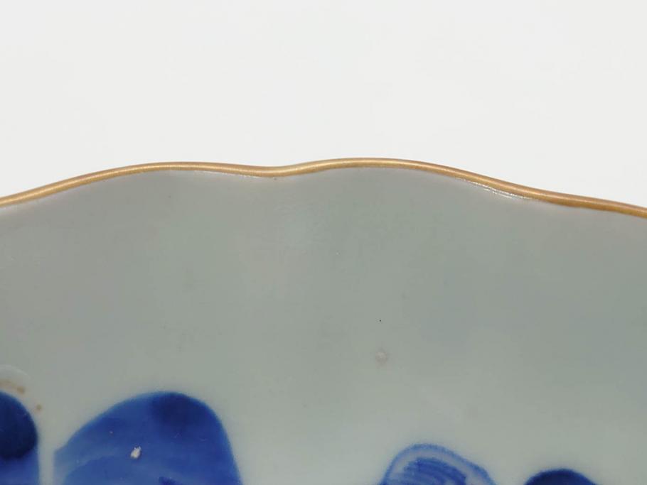 江戸後期〜幕末　伊万里　染付　山水図　約16cm　5.1寸　金の縁と爽やかな藍色が魅力のなます皿3枚セット(中皿、深皿、和皿、和食器、五寸一分)(R-073104)