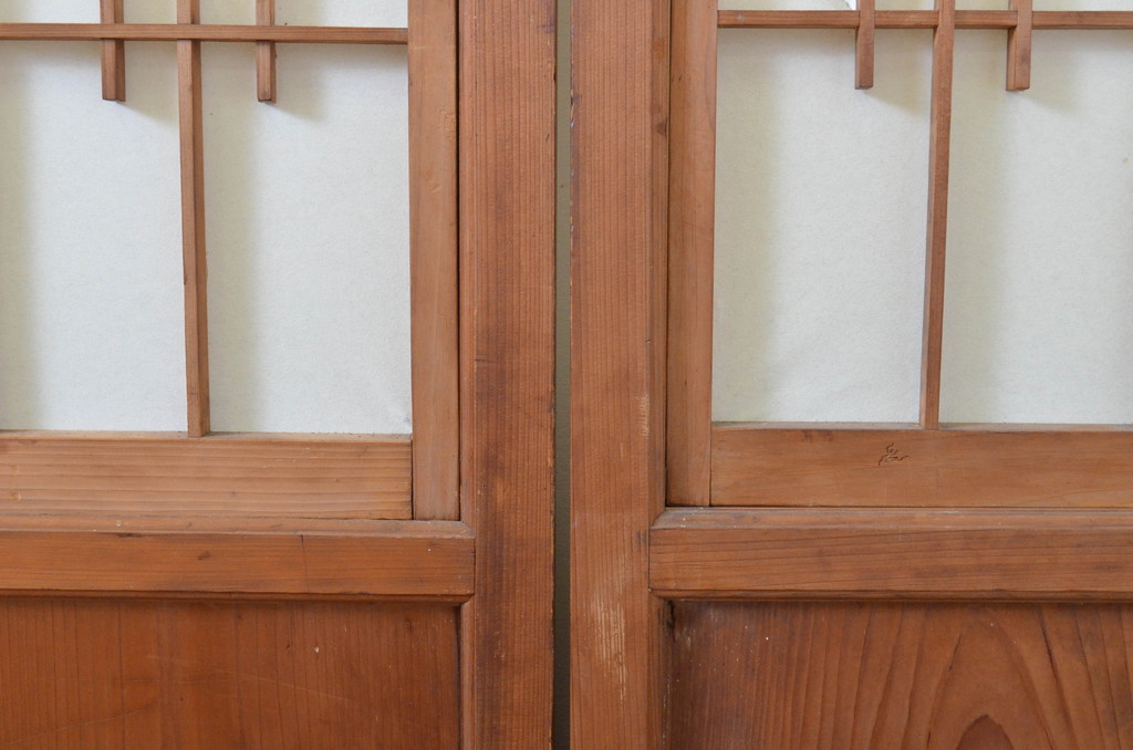 アンティーク建具　変わりデザイン　和の風情漂う障子帯戸4枚セット(障子戸、板戸、引き戸)(R-064308)