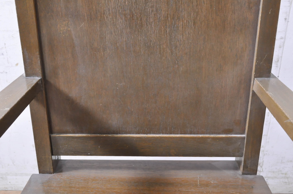 和製アンティーク　タモ材　ラワン材　ノスタルジックな雰囲気漂う古い教会のアームチェア2脚セット(チャーチチェア、ダイニングチェア、板座チェア、椅子、イス)(R-071466)