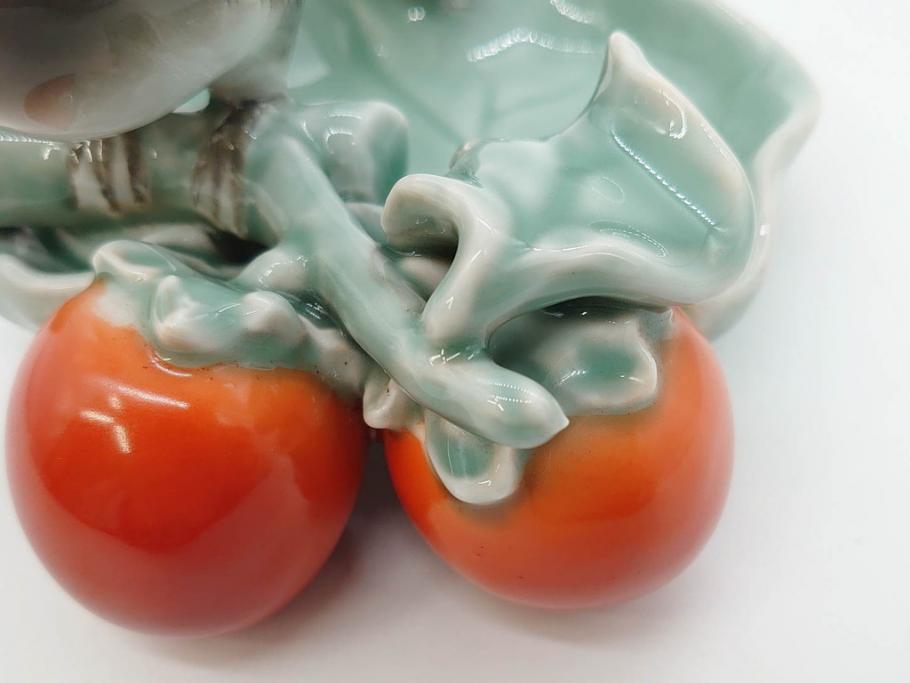 深川製　オールド深川　柿に尾長　細部まで凝ったつくりが魅力的な菓子皿(鳥、菓子器、小物入れ、和皿)(R-073186)