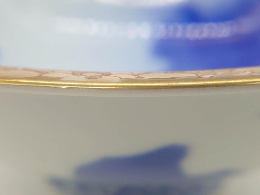 深川製磁　オールド深川　染付　金彩　約18cm　6寸　一つ一つ丁寧に絵付けされた風景図が美しい鉢(深皿、和皿、和食器、六寸、共箱付き)(R-073195)