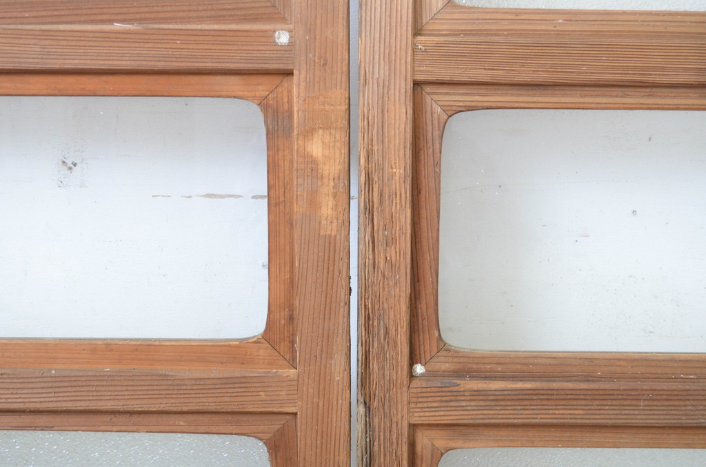 アンティーク建具　変わりデザインの障子入りガラス戸2枚セット(障子戸、引き戸、ガラス帯戸)(R-064609)