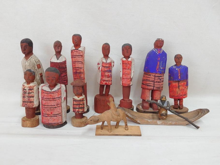台湾?　霧社　蕃童作品　木彫り人形など12体セット(アイヌ、木製、人物、動物、船、舟、置物)(R-073370)