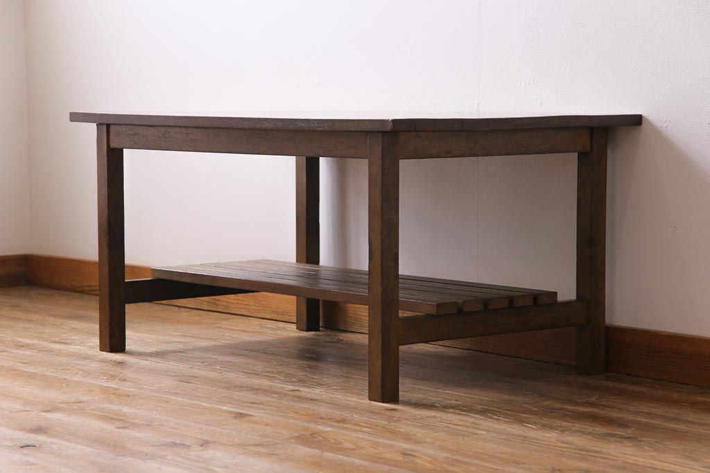 リメイク家具　ナラ材　素朴な木の風合いがレトロなセンターテーブル(ローテーブル、リビングテーブル、作業台)(2)