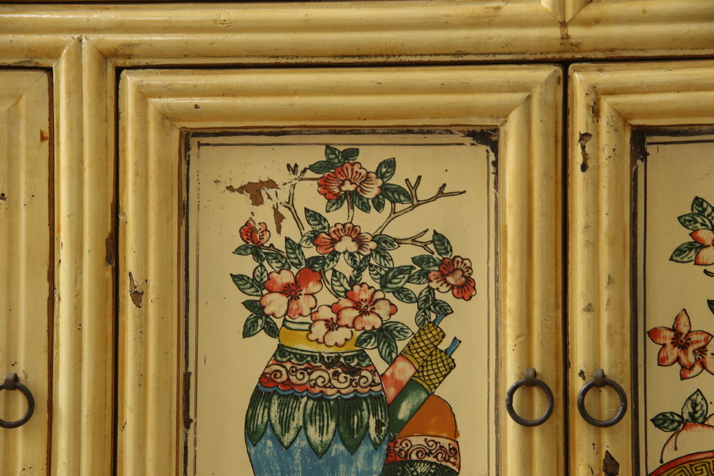 中古　美品　アジアンアンティーク風　カラフルな花の絵柄がかわいらしい大型飾り棚(陳列棚、キャビネット、オープンラック)(R-052165)