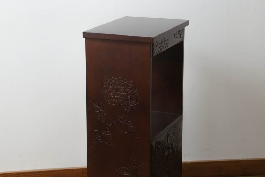 和製ビンテージ　品のある佇まいが魅力の彫刻入り電話台(サイドテーブル、花台、引き出し、ヴィンテージ)(R-071459)