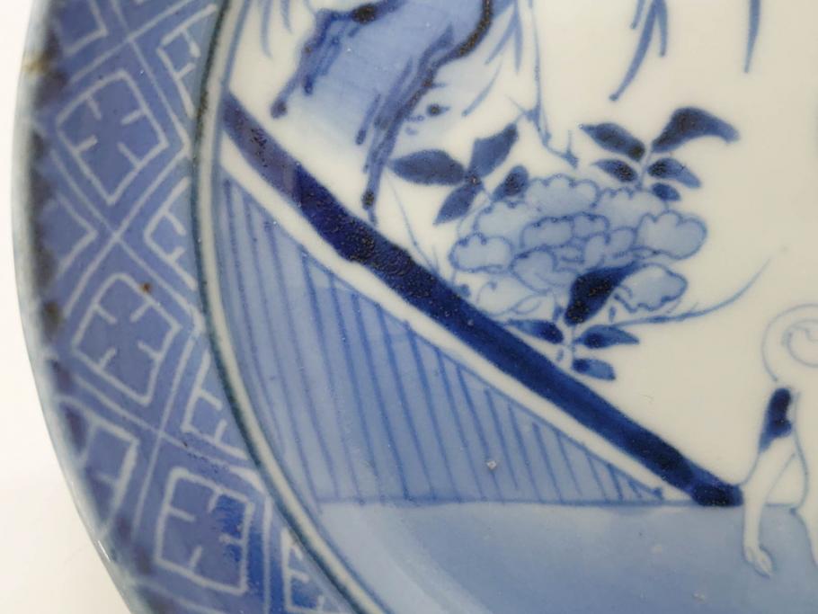 希少　江戸期　古伊万里　染付　唐子に犬図　約17cm　5.6寸　珍しい絵付けが印象的な中皿3枚セット(和皿、和食器、五寸六分)(R-073755)