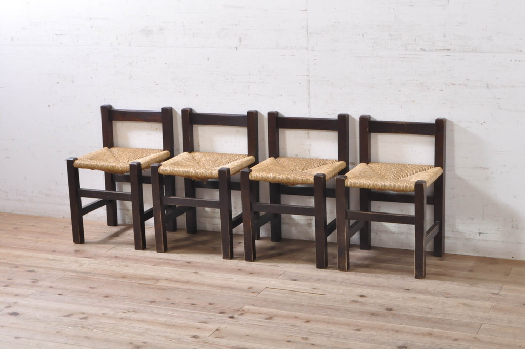和製ビンテージ　松本民芸家具　アジアンテイストのお部屋におすすめのシンプルでお洒落なラッシチェア4脚セット(ダイニングチェア、椅子、イス、ヴィンテージ)(R-072203)