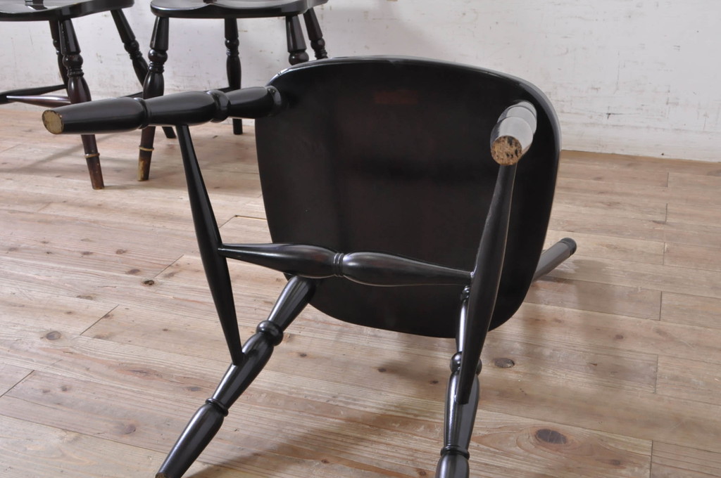 和製ビンテージ　松本民芸家具　#16型スピンドルチェア　ゆったりと座れるダイニングチェア4脚セット(板座チェア、椅子、イス、ヴィンテージ)(定価4脚で約40万円)(R-072208)