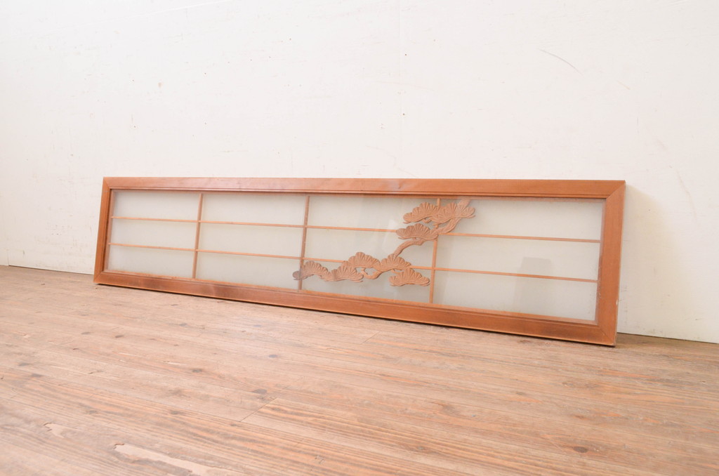 アンティーク建具　両面ガラス　松の彫刻入り格子欄間1枚(明かり取り、明り取り)(R-071532)