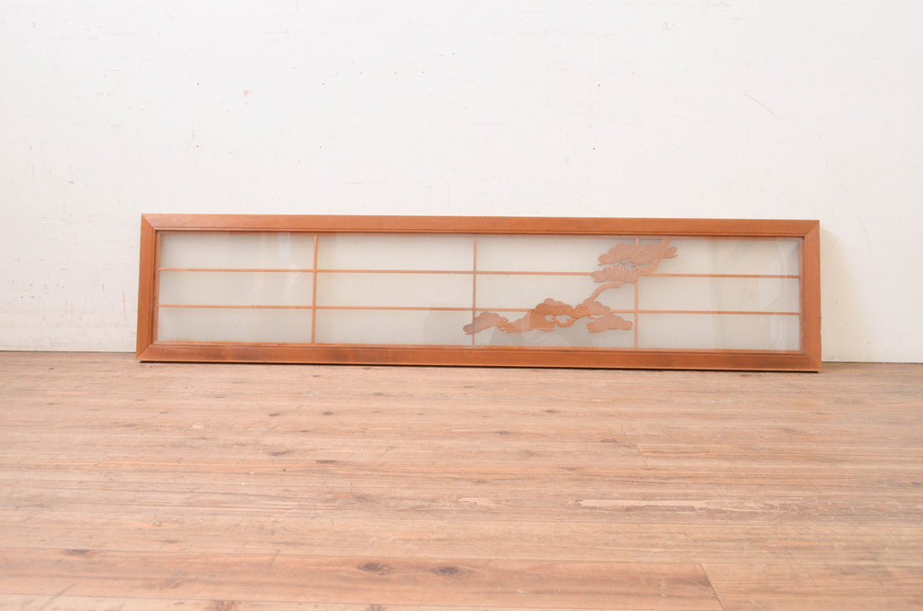 アンティーク建具　両面ガラス　松の彫刻入り格子欄間1枚(明かり取り、明り取り)(R-071532)