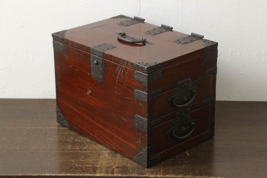 アンティーク雑貨　明治期　漆塗り　経年を感じる古い質感が味わい深い二本松硯箱(文箱、筆箱、小物収納、小引き出し)(R-051547)