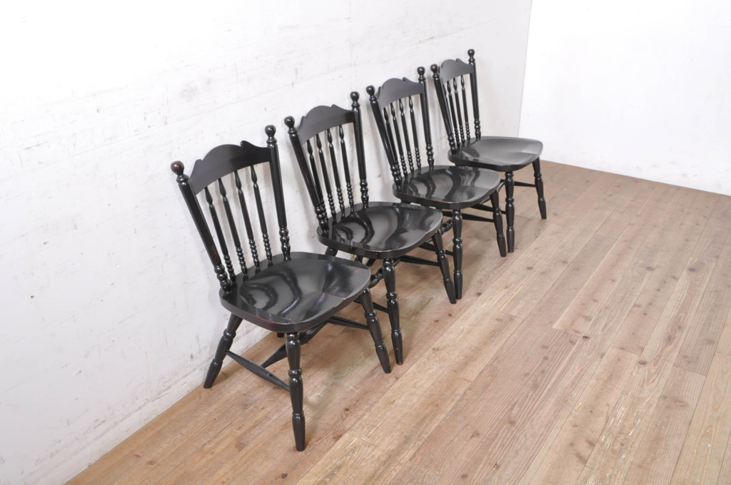 和製ビンテージ　松本民芸家具　#16型スピンドルチェア　ゆったりと座れるダイニングチェア4脚セット(板座チェア、椅子、イス、ヴィンテージ)(定価4脚で約40万円)(R-072362)