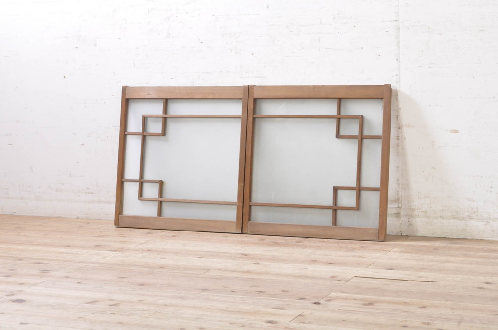アンティーク建具　古い木味が魅力的なガラス窓2枚セット(引き戸、ガラス戸)(R-072082)
